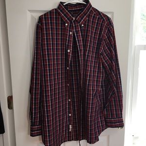 Red white and blue plaid design dress shirt
